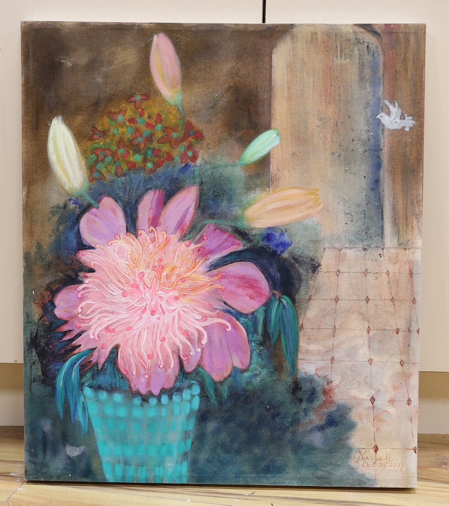 C. Russell, oil on canvas, Interior with flowering plants, signed and dated 2007, 70 x 60cm, unframed